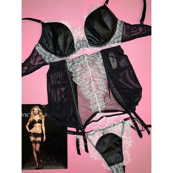 Victoria's Secret 32D BRA SET+garter Cincher+Panty BLACK white lace FAUX leather